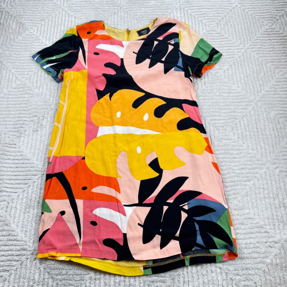 VICI Shift Dress Womens L Tropical Mini Summer AOP Colorblock Resort Art Pop